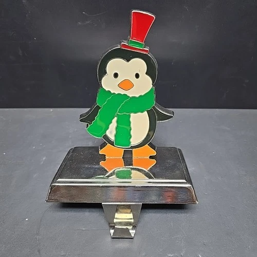 VTG Chrome Enamel Penguin Stocking Holder 5.5" Xmas Mantel Hook Holiday Decor