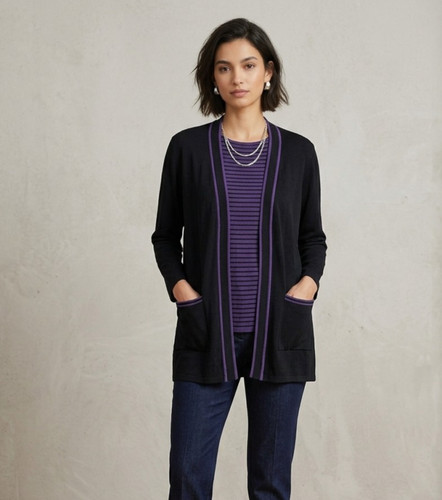 Exclusively Misook 2 Piece Knit Cardigan Top Set Purple Black Stripe Size L