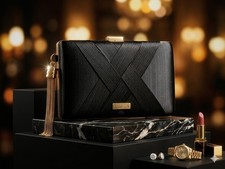 Black Satin Evening Clutch with Gold Chains