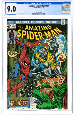  AMAZING SPIDER-MAN #124 CGC 9.0 WHITE PAGES   1ST APPEARANCE OF MAN-WOLF 1973