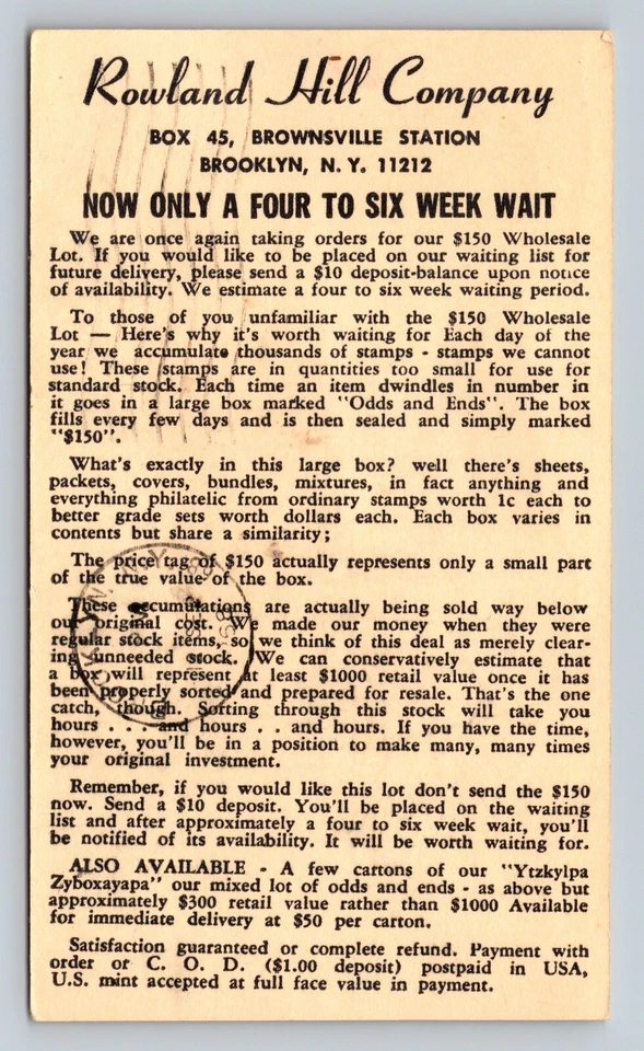 1952 UX43 US Postal Card Lincoln 2c & 3c ROWLAND HILL COMPANY Wait List Brooklyn - Image 3 of 3