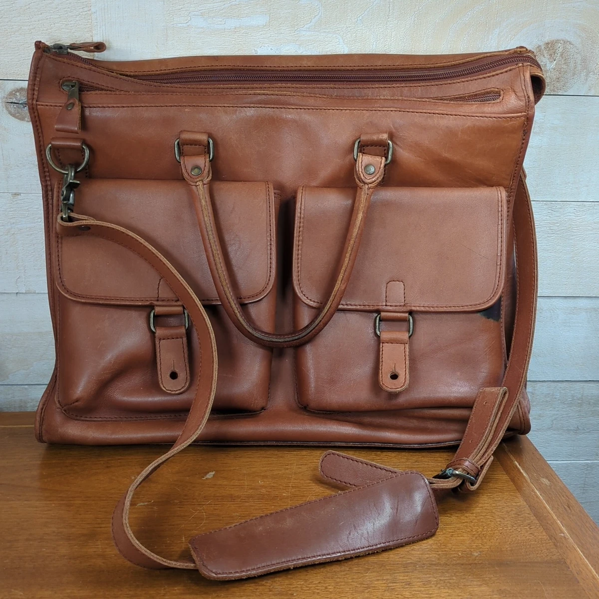 Vintage 90s Eddie Bauer Leather Messenger Laptop Crossbody Bag Briefcase Satchel