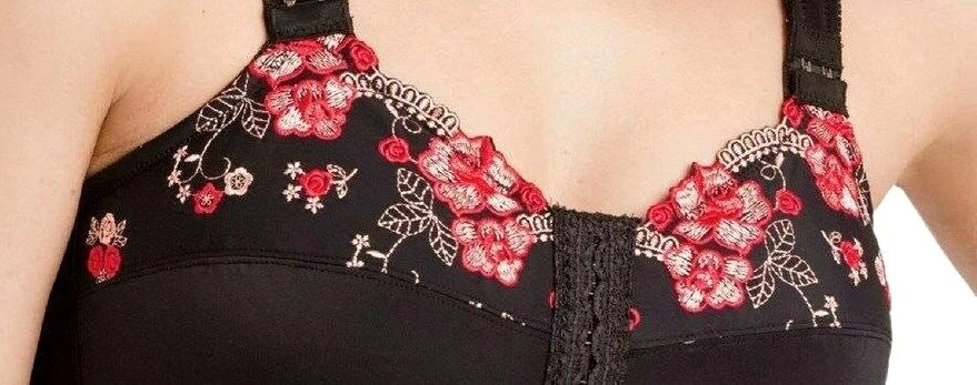 NEW ~ BLACK & RED EMBROIDERY FLOWERS FRONT CLOSE POSTURE BRA SIZE 40D WIREFREE - Image 2 of 2