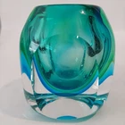 FLAVIO POLI SEGUSO Murano Sommerso Art Glass Cut Facet Cased Vase 4” Blue Green