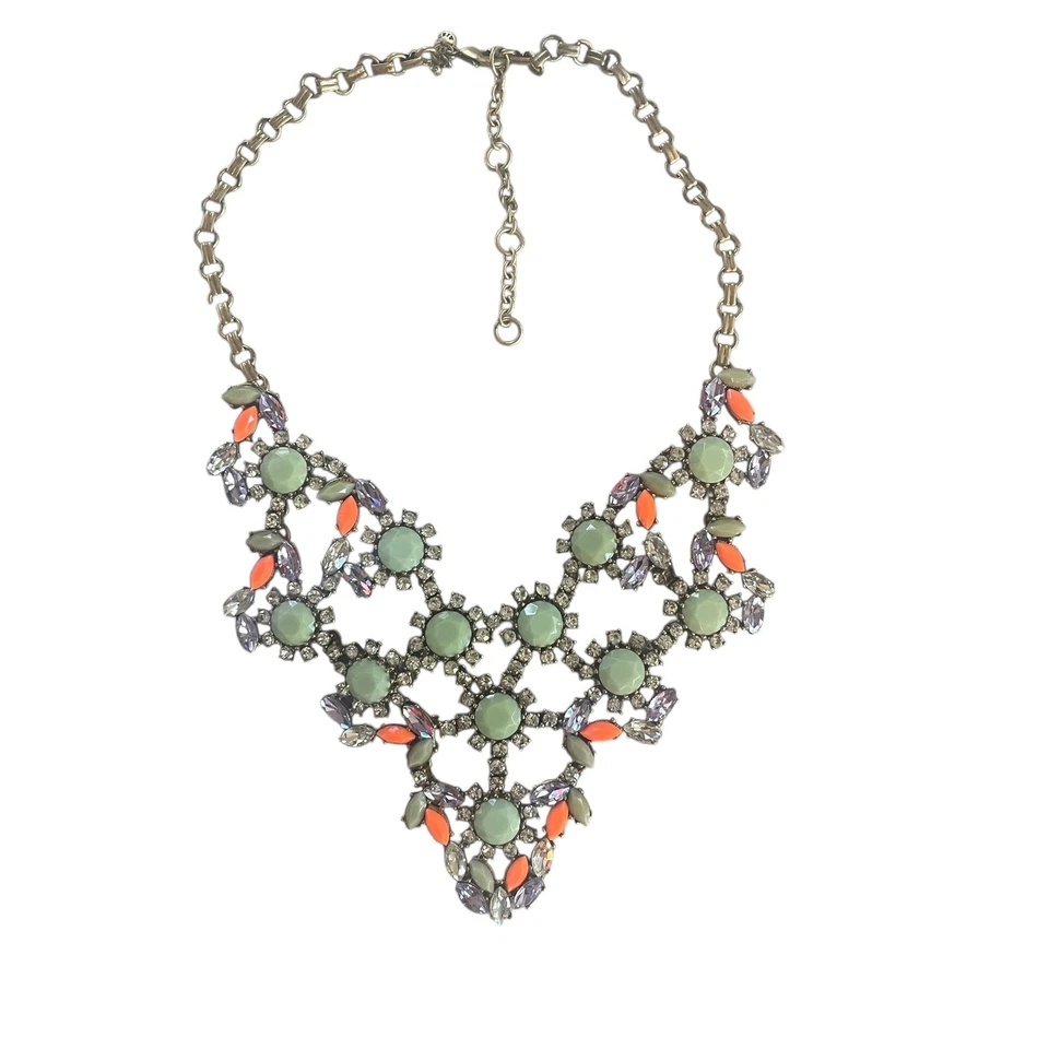 J.Crew Statement Necklace Mint Green Crystal Rhinestone Bib Neon Orange Accents - Image 3 of 4