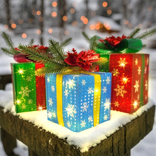 3 Pcs Decorations Outdoor Christmas Lighted Gift Boxes With Bow 60 Led Battery - Picture 5 of 7