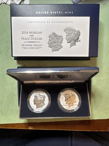 2024 S Reverse Proof $1 Morgan and Peace Silver Dollar 2pc Set Box ,OGP & COA