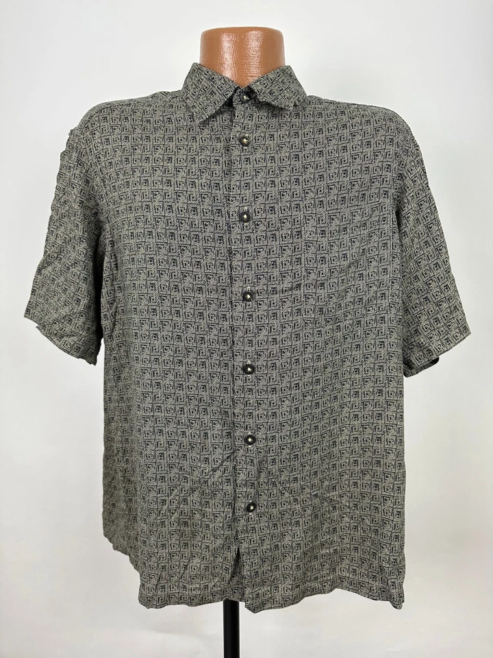 Vintage Geometric Shirt Men Large Button Up Beige Check 90s Y2K Rayon Claiborne - Image 2 of 4