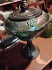 Vintage Shimmery Iridescent  Blue /Purple Carnival Glass Pedestal Bowl W Lid