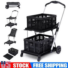Folding Shopping Cart with Wheels Collapsible Cart with Storage Crate 2-Layer US