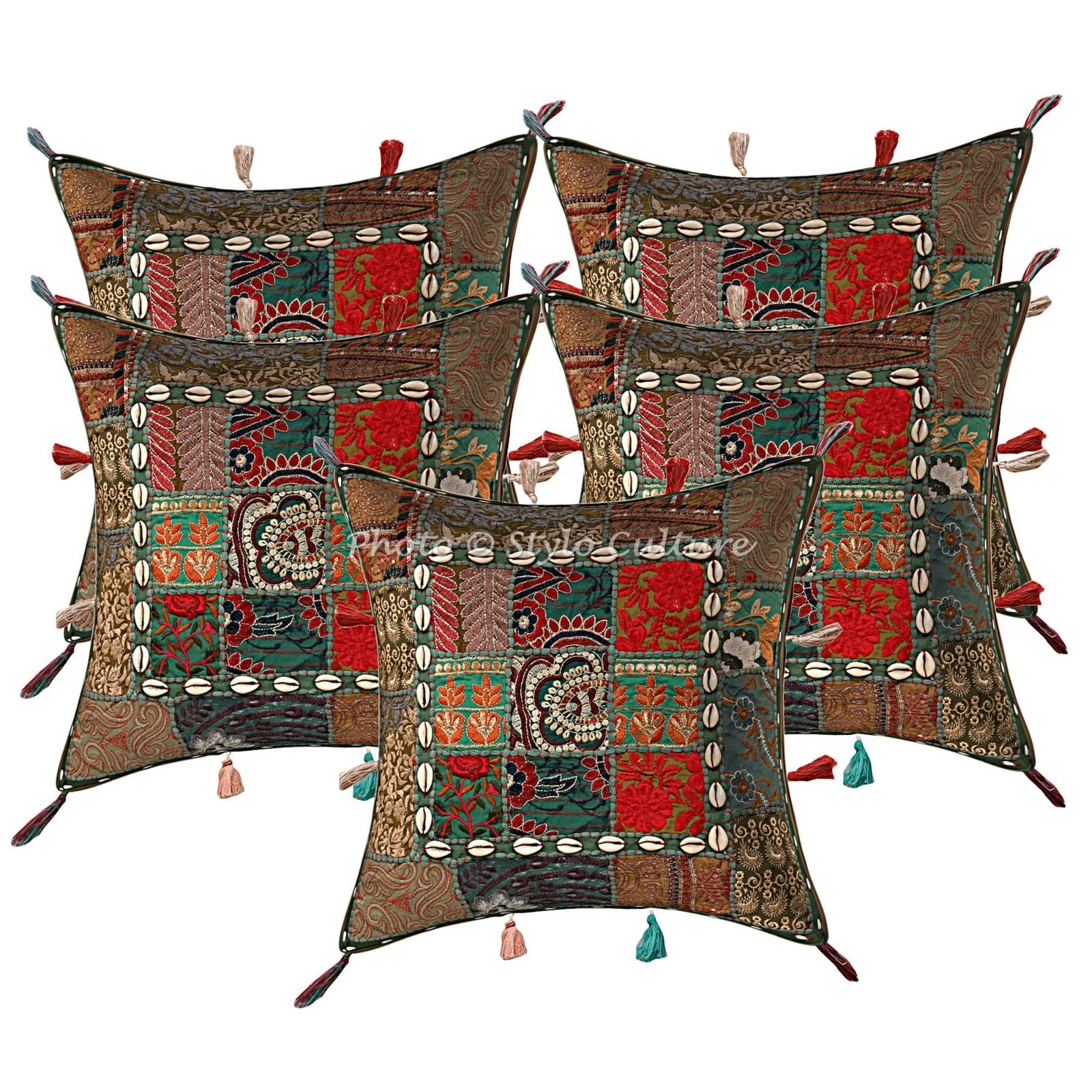 Decorative Cotton Throw Pillow Covers Patchwork Cowry Tassels Green Floral Decor