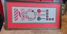 Christmas Needlepoint Vtg. Noel Custom Framed 23 x 10 1989 Red Candy Cane