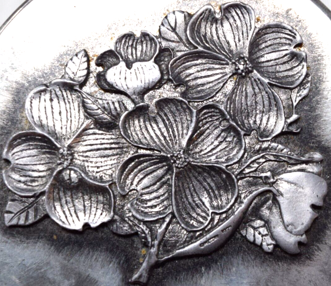 Vintage Metzke Pewter Tin Signed Dogwood Flowers Floral Label