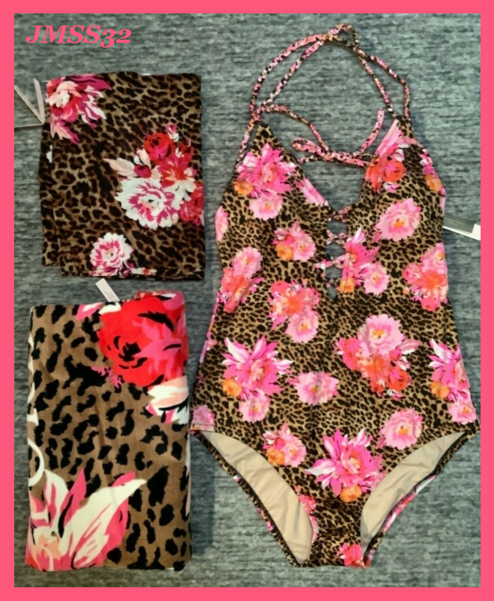 Victoria's Secret Leopard Floral Negril OP XL Swimsuit + Sarong +