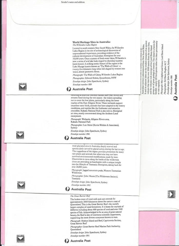 AUSTRALIA 1985 Set of 5 PSE's 88/92 - FDC's  - WORLD HERITAGE SITES in AUSTRALIA - Image 2 of 2