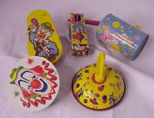 Vintage US Metal Toy Tin Noisemakers New Years Eve Clowns Pinup Party Lot of 5