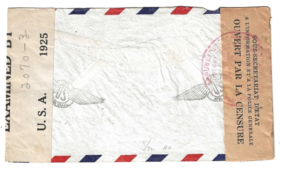 1030: 1942 HAITI , PORT AU PRINCE Air Mail Cover posted to USA, Censored twice. - Image 2 of 2
