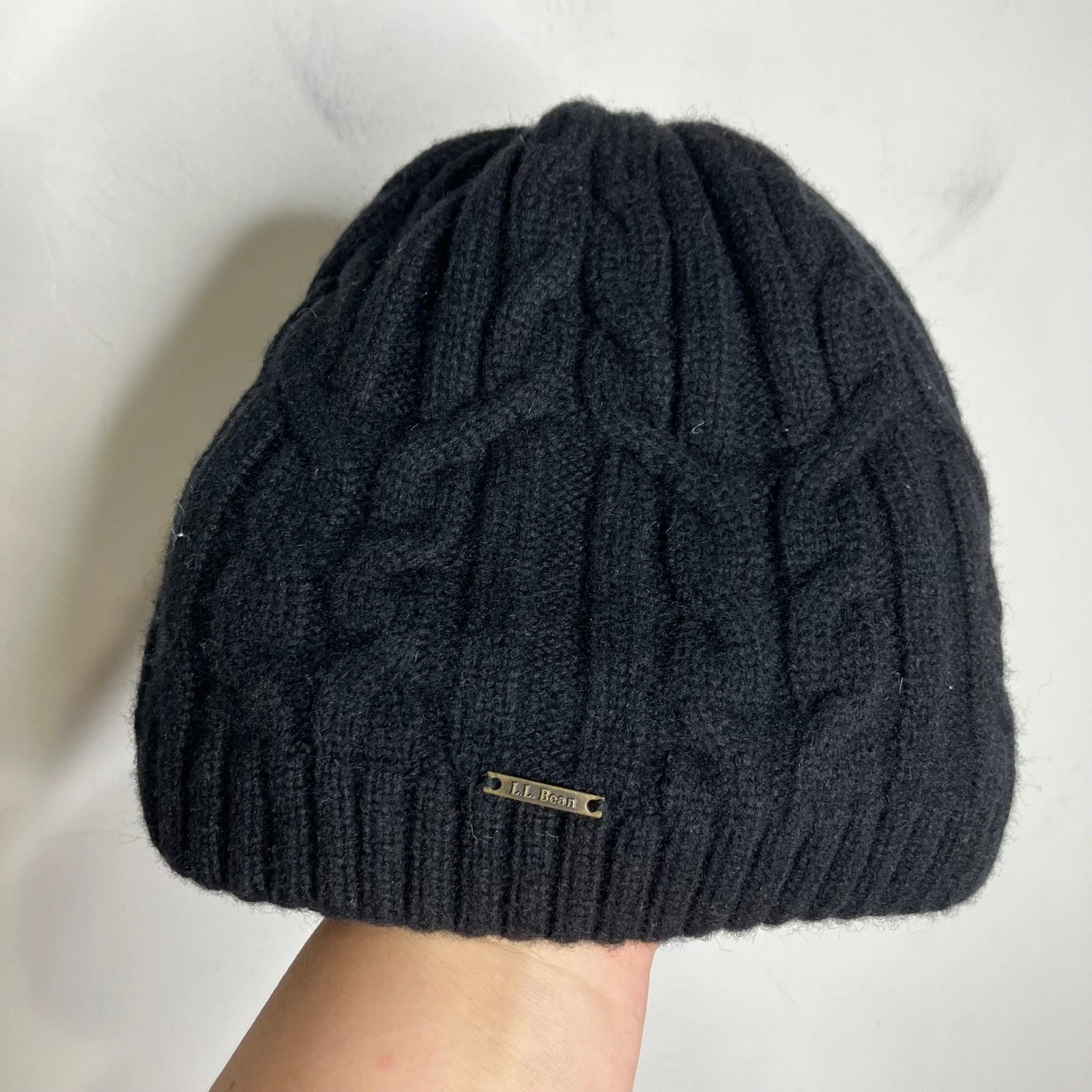 L.L. Bean black cable knit beanie fleece lined wool blend one size fits all