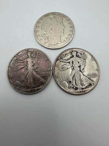 Lot of 3 Silver Half Dollars – Barber & Walking Liberty – 90% Silver Junk Lot