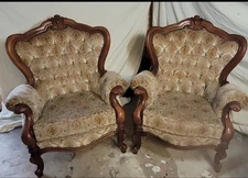 Antique Louis XV Style, Carved Walnut, Tuffted, Bergere Armchairs and Settee👀👀