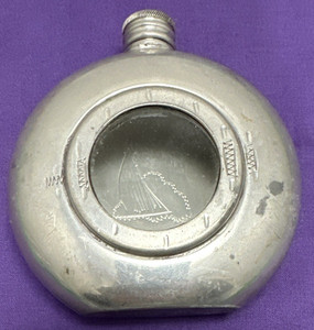 Vintage Comoy’s Of London 7 Oz English Pewter Sailboat Flask Round Porthole