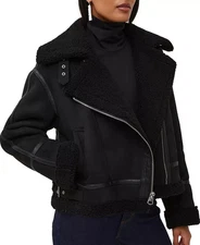 French Connection Women's Faux-Shearling Faux-Leather Trim Coat MSRP $248