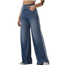 Halara Flex High Waisted Stripe Wide Leg Jeans Pockets Large NWOT Tide Blue