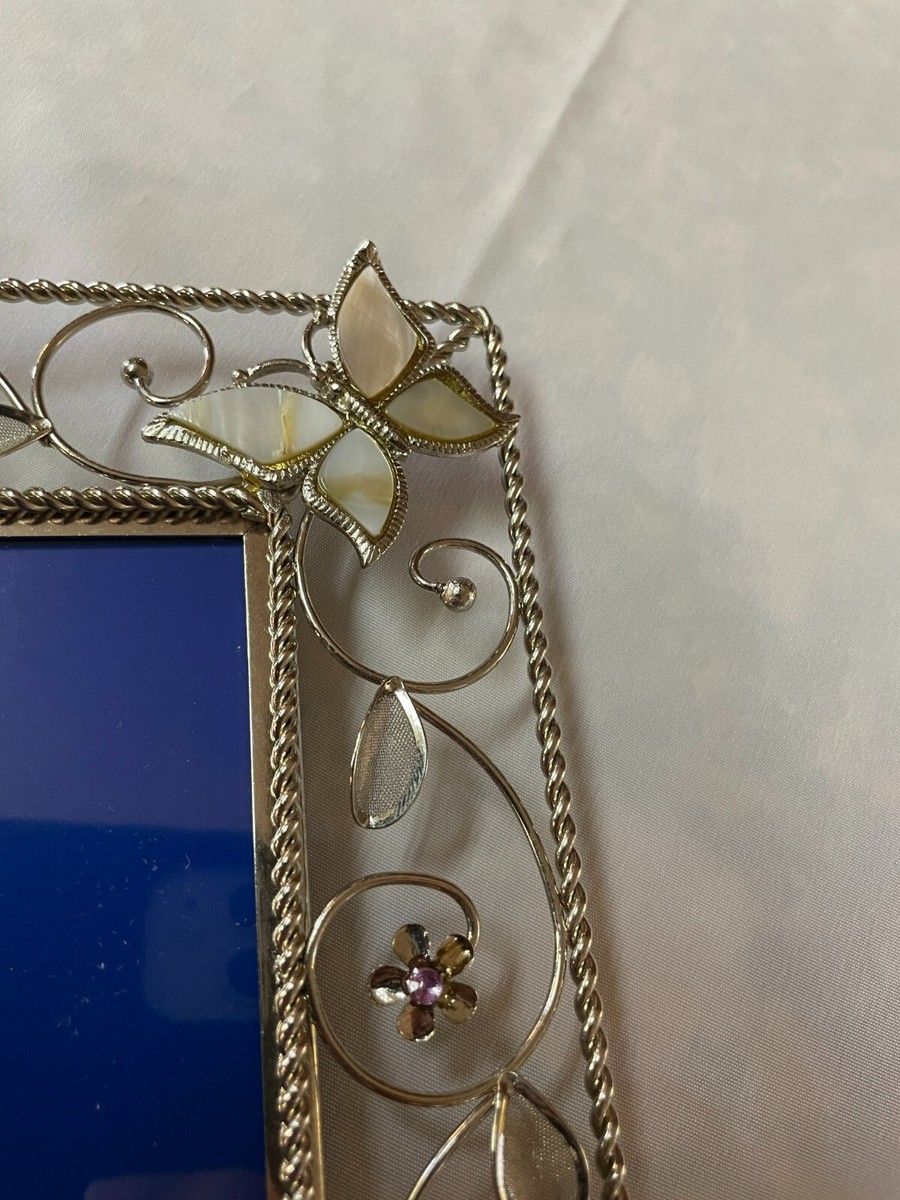 Silver Metal 5x7 Frame Purple Stone Flowers and Butterfly
