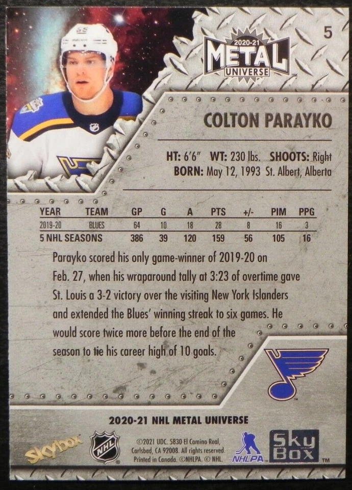 2020-21 20/21 Skybox Metal Universe Blue Spectrum #5 Colton Parayko Blues - Image 2 of 2