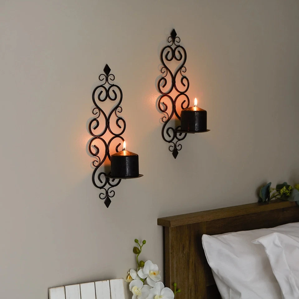 Lote de 2 piezas Fleur De Lis Aplique de Pared Pilar Candelabro Marco de Hierro Negro 16" H Foto 4 de 4