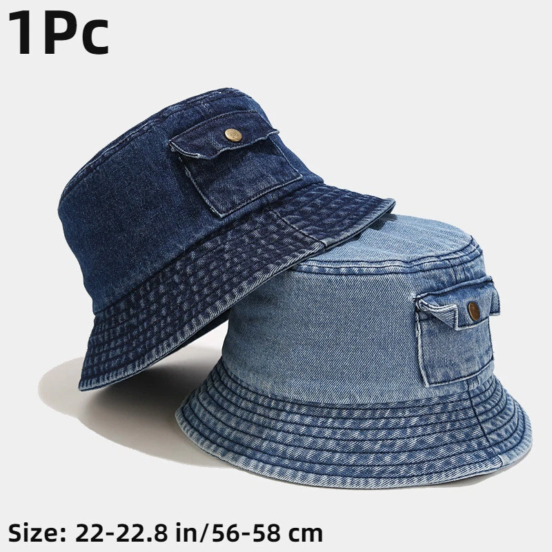 Hombres Mujeres Denim Sombrero Cubo Informal Pescador Gorras Protección Solar Sombrero Color Sólido Foto 2 de 4