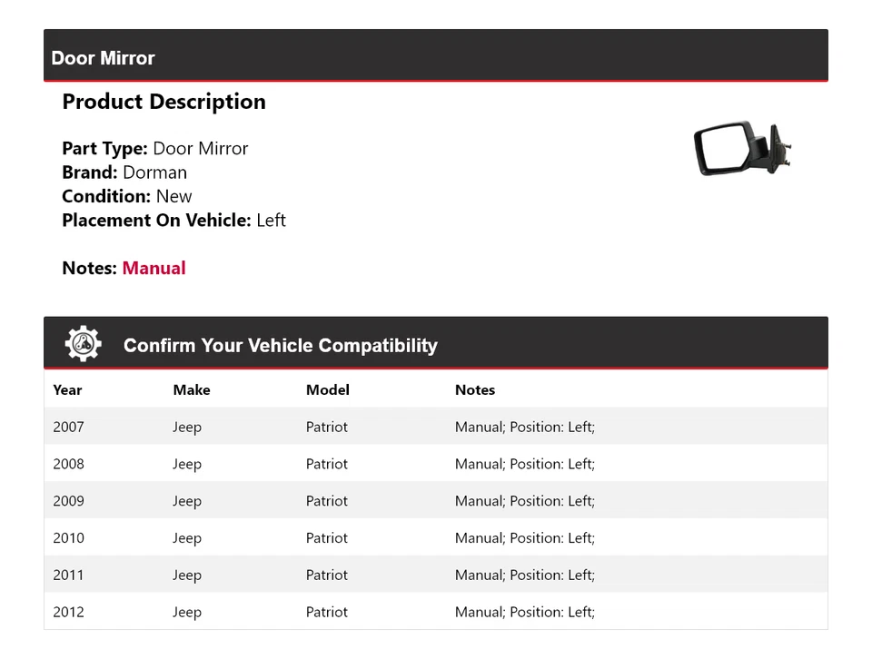 Espejo retrovisor izquierdo Jeep Patriot Dorman 2007-2012 2008 2009 2010 2011 Foto 2 de 4