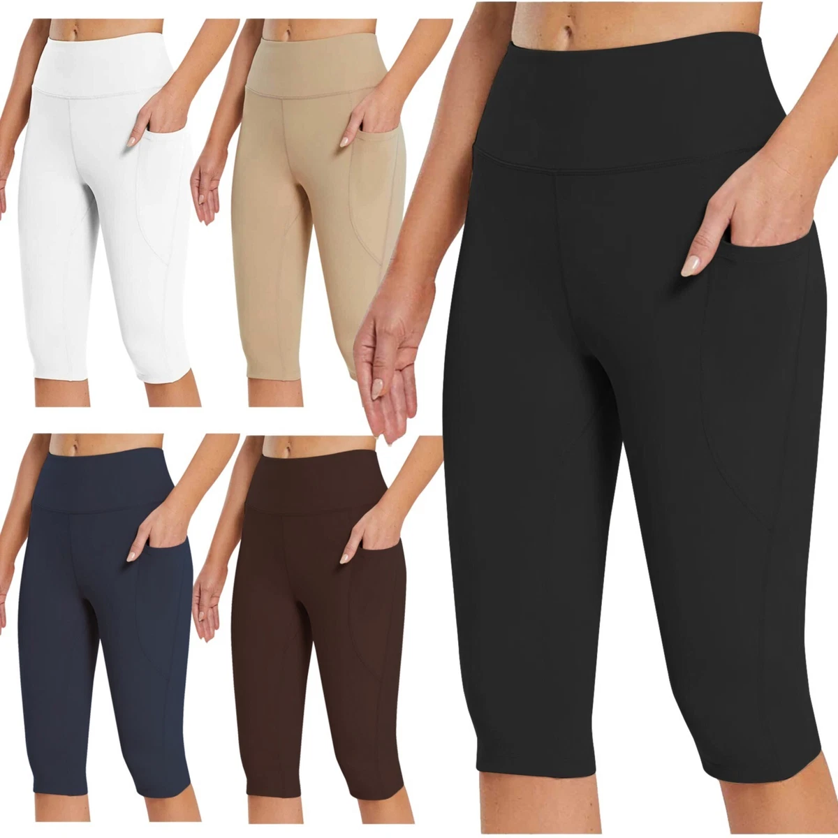 Women Knee Length Leggings Capri with Pockets High Waisted Exercise Capris  Pants