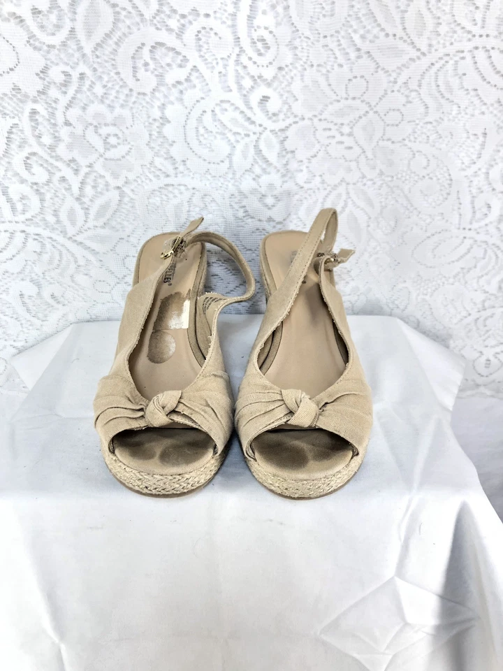 B11 Seychelles Woman Size 9M COLADA Tan Canvas Peep Toe Slingback 4'' Cork Wedge - Image 4 of 4