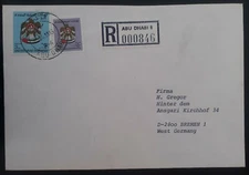 1983 United Arab Emirates Registd Cover ties 2 stamps canc Abu Dhabi