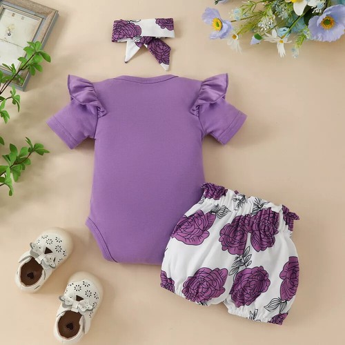 Newborn Girl Clothes Outfits Baby Girls Summer Ruffle Romper Pant + Headband Set - Picture 3 of 14