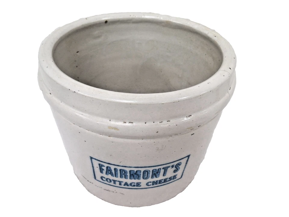 Vintage Fairmont's Cottage Cheese Stoneware Crock Jar Blue Advertising Dairy - Image 2 of 4