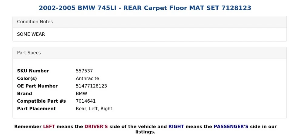 2002-2005 BMW 745LI - REAR Carpet Floor MAT SET 7128123 - Image 4 of 4