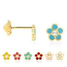 Kids 14K Gold Red Blue Green Pink Purple Yellow Zircon Flower Stud Earrings