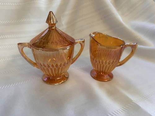 Vintage Carnival Glass Anniversary Jeanette Creamer & Sugar W/ Lid Marigold