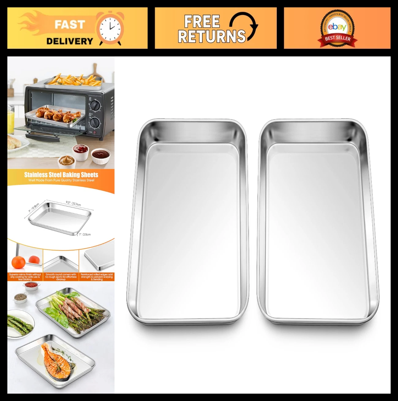 2 Pack Stainless Steel Baking Sheets 9x7" - Non-Stick Cookie Trays, Rustproof, D