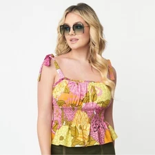 Unique Vintage Pink Floral Peplum Top L NWT Tie Shoulder Smocked Waist Summer