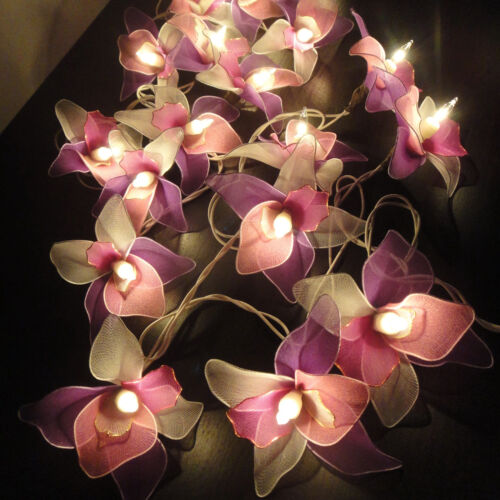 20 White Pink Purple Orchid Flower String Lights Fairy Hanging Wall Home Decor  - Picture 1 of 3