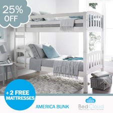 Europa America 3FT x 5FT3 Short Single White Wooden Bunk Bed + 2 Free Mattresses