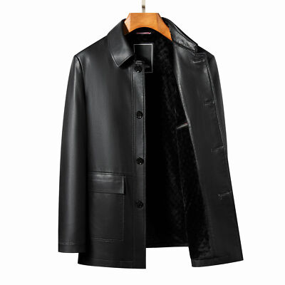 Autumn Winter Mens Single Breasted Real Leather Coat Jacket Outwear Lapel Collar
