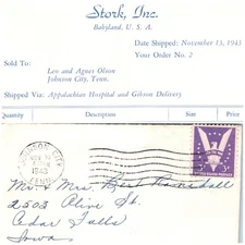 1943 New Baby Delivery Letter w/ Stork Inc. Card Letterhead Johnson City, TN 5Q