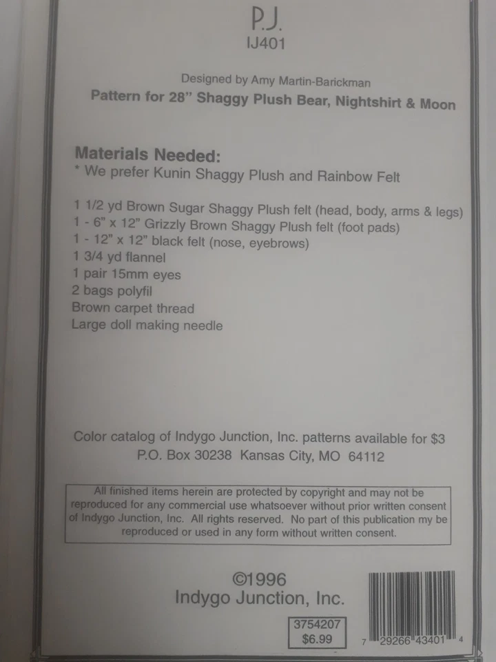 Camisa PJ 28" Peluche Oso Luna Artesanal Costura Patrón Indygo Junction IJ401 Foto 4 de 4