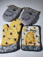 Kay Dee Pot Holders Oven Mits Set of 4 Bee Happy Bee Inspired Kitchen 