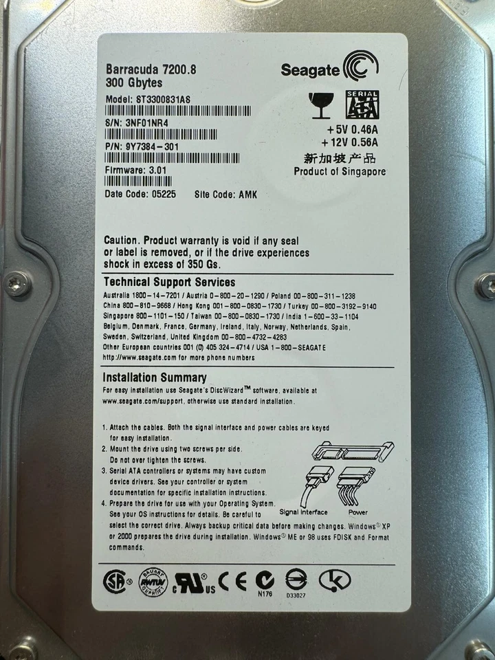 SEAGATE ST3300831AS 9Y7384-301 300GB Firmware 3.01 Date Code 05225 SATA 3.5" - Image 2 of 4