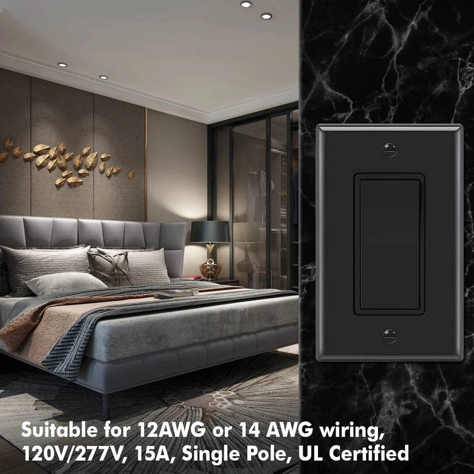 Paquete de 10 interruptores de luz Decora negros, basculantes de paleta de un solo polo, 15A 120V/277V Foto 4 de 4